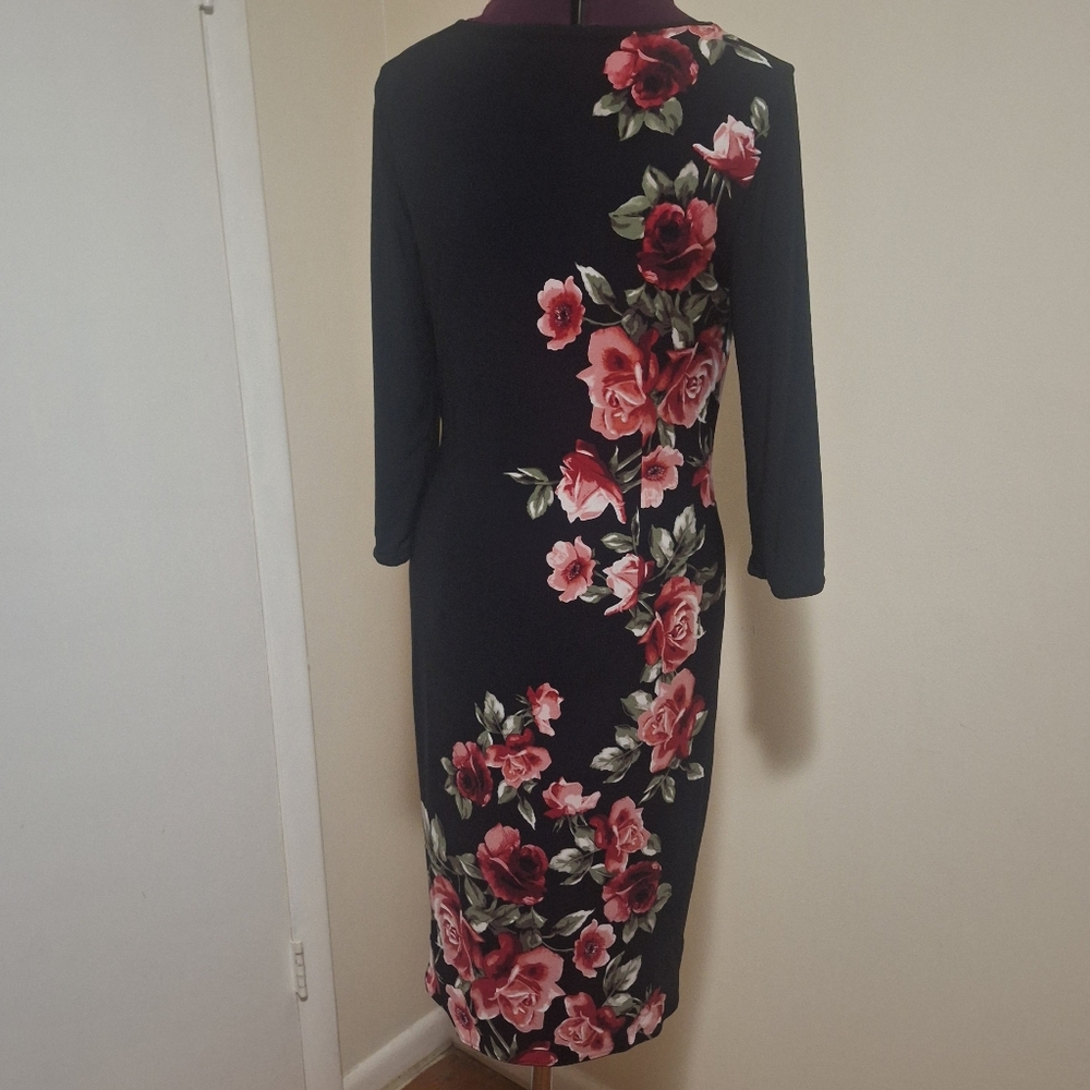White House Black Market Black Dress with Pink Red Rose Print